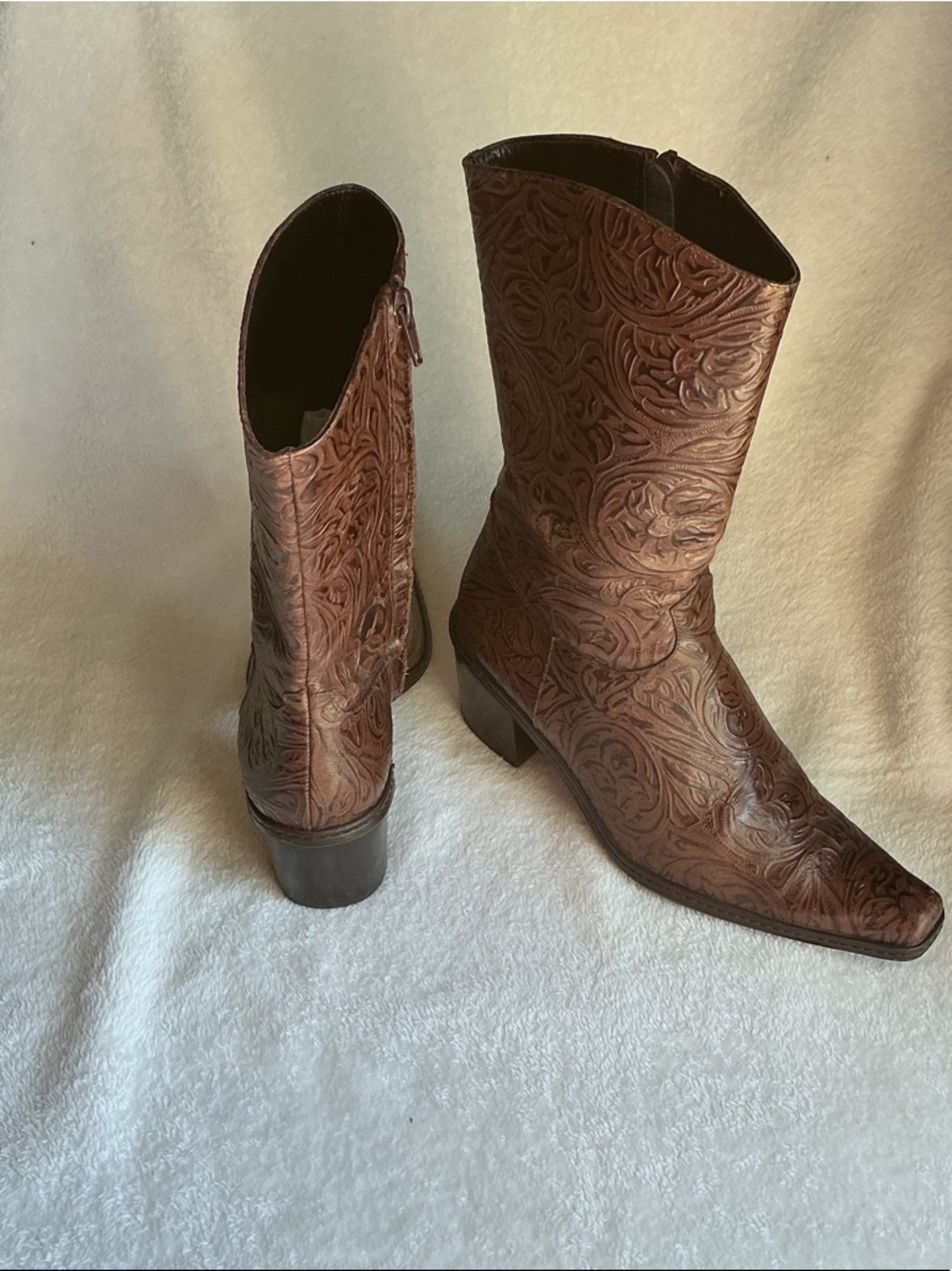 Gianni Bini Brown Embossed Leather Cowboy Heeled Boots - Picture 2 of 3